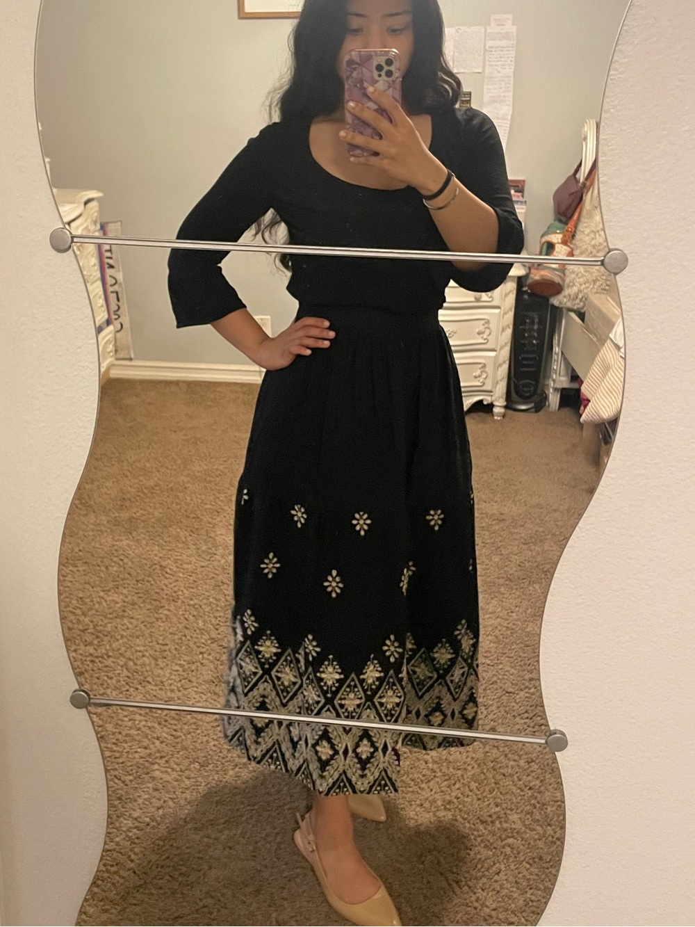 Black Midi skirt with Embroidered Hem